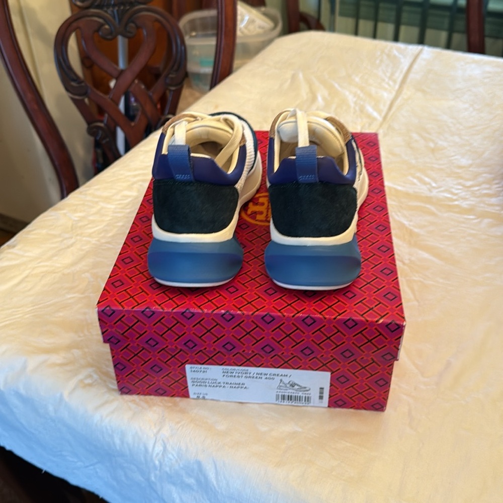 Tory Burch Lucky Trainer Stylish Beige and Blue Sneakers - Picture 3 of 7